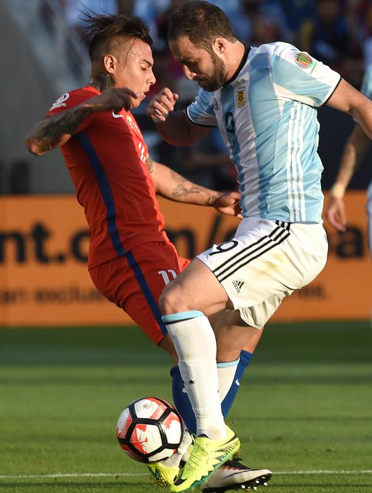 Penyerang Argentina, Gonzalo Higuain (kanan) berebut bola dengan Penyerang Chile, Eduardo Vargas pada Copa America Centenario 2016 di Levi's Stadium, California, AS (7/6). Argentina menang atas Chile dengan skor 2-1. (AFP/Mark Ralston)