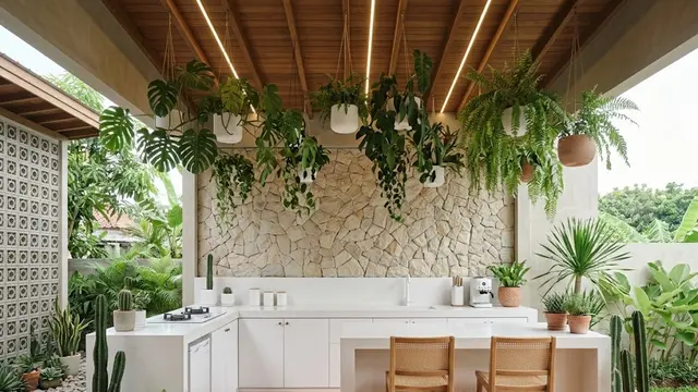 Dapur Semi Outdoor Tropis Putih Bersih dengan Lantai Terracotta