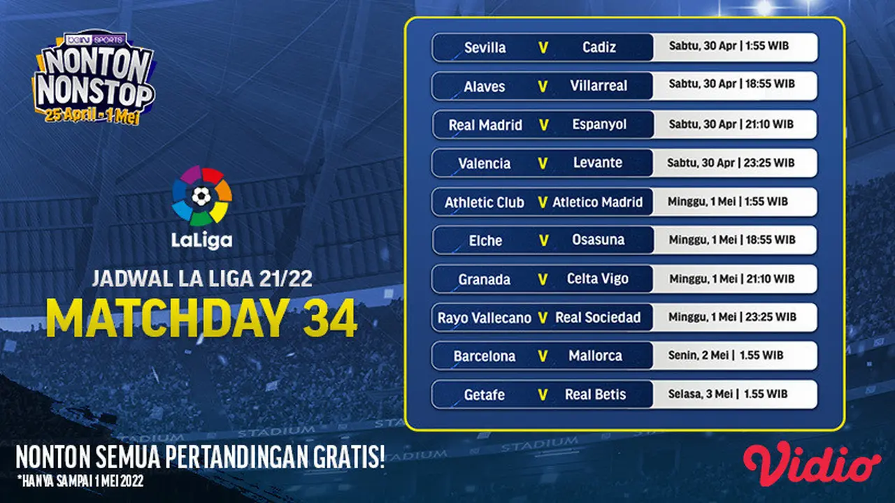 30 April-3 Mei 2022 di Vidio, Yuk Tonton Live Streaming La Liga Pekan ke-34: Ada Real Madrid dan Villarreal