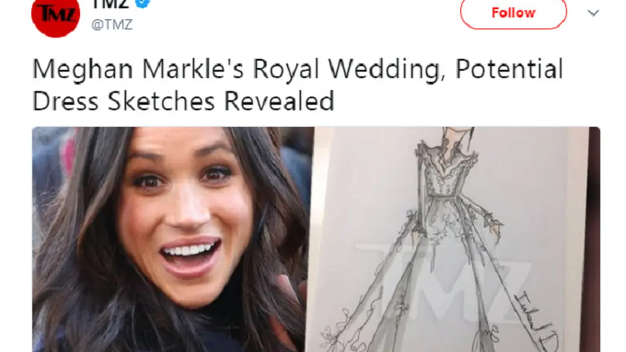 tim TMZ menunggah sebuah gambar gaun lengan panjang yang meningatkan kita pada pakaian pernikahan Putri Diana dan Kate Middleton (Twitter/@TMZ)