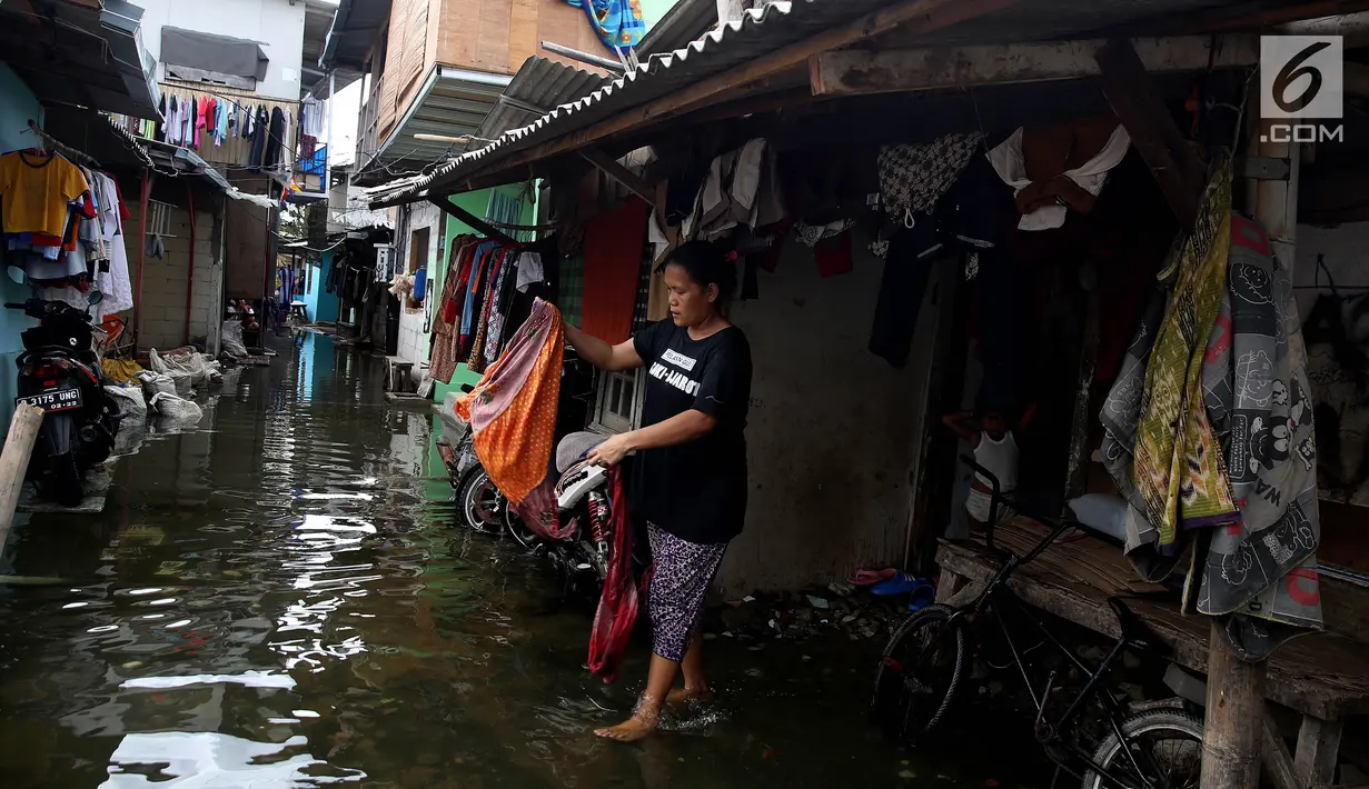 Warga beraktivitas terjadi banjir rob yang menggenangi perkampungan/rumah mereka di Muara Angke, Jakarta, Kamis (4/1). Ketinggian air di permukiman tersebut sekitar 20-30 cm. (Liputan6.com/JohanTallo)