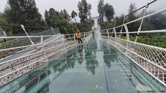 Proses uji coba jembatan kaca Seruni Poin di kawasan Bromo Probolinggo (Istimewa)