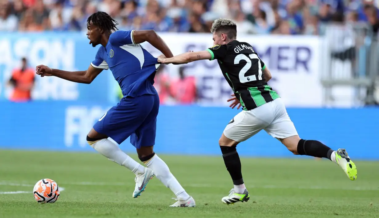 Brighton mencetak gol ketiga dua menit sebelum waktu normal habis. Denis Undav menjebol gawang Chelsea dari jarak dekat usai menerima umpan matang Joao Pedro. Gol ini menjadi penutup dan laga tuntas untuk kemenangan Chelsea 4-3. (Tim Nwachukwu/Getty Images/AFP)