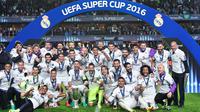 Bagi Real Madrid, ini adalah gelar ketiga di ajang Piala Super Eropa. Sebelumnya, mereka pernah meraih titel serupa pada 2002 dan 2014. (AFP/Jonathan Nackstrand)