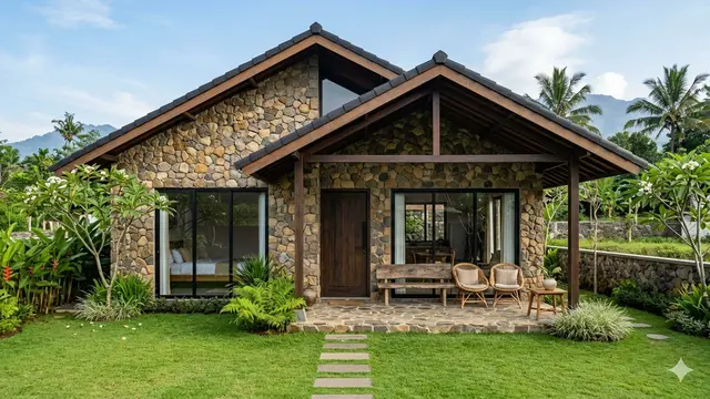 Desain Rumah Desa Konsep Natural Modern dengan Batu Alam. Gemini