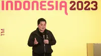 Ketua Umum PSSI, Erick Thohir memberikan sambutan saat launching merchandise resmi Piala Dunia U-20 2023 di Atrium Mall FX Sudirman, Senayan, Jakarta, Rabu (08/03/2023). (Bola.com/Bagaskara Lazuardi)