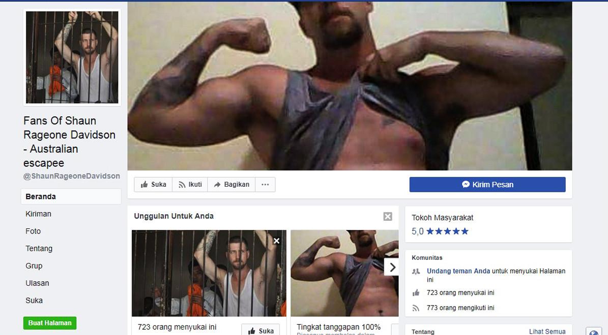 Halaman penggemar di Facebook didekasikan untuk Shaun Edward Davidson (33), salah seorang napi asing yang kabur dari Lapas Kerobokan, Kabupaten Badung, Bali. (Foto: Istimewa/Facebook)