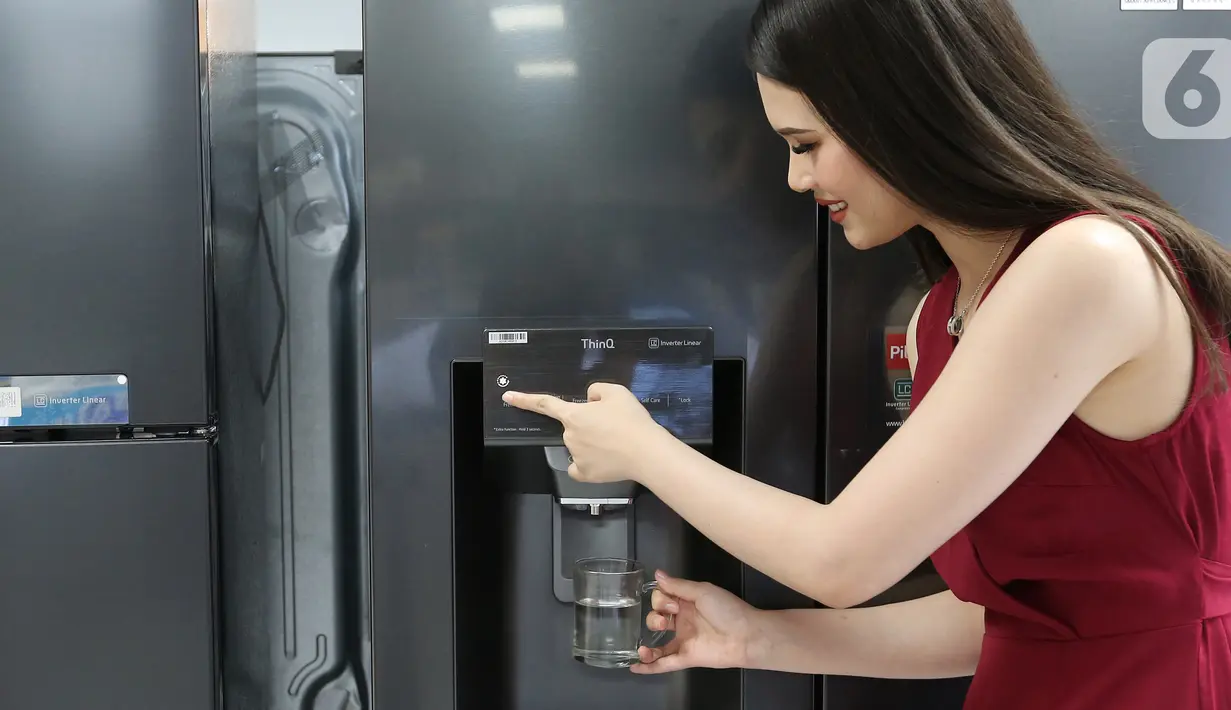 Model mengambil air dari dispenser Lemari es Multi Door LG di sebuah toko elektronik di Jakarta, Rabu (08/09/2021). Perusahaan elektronik asal Korea Selatan, LG memperkenalkan lemari es dilengkapi dengan dispenser air berteknologi UV Nano. (Liputan6.com/Fery Pradolo)