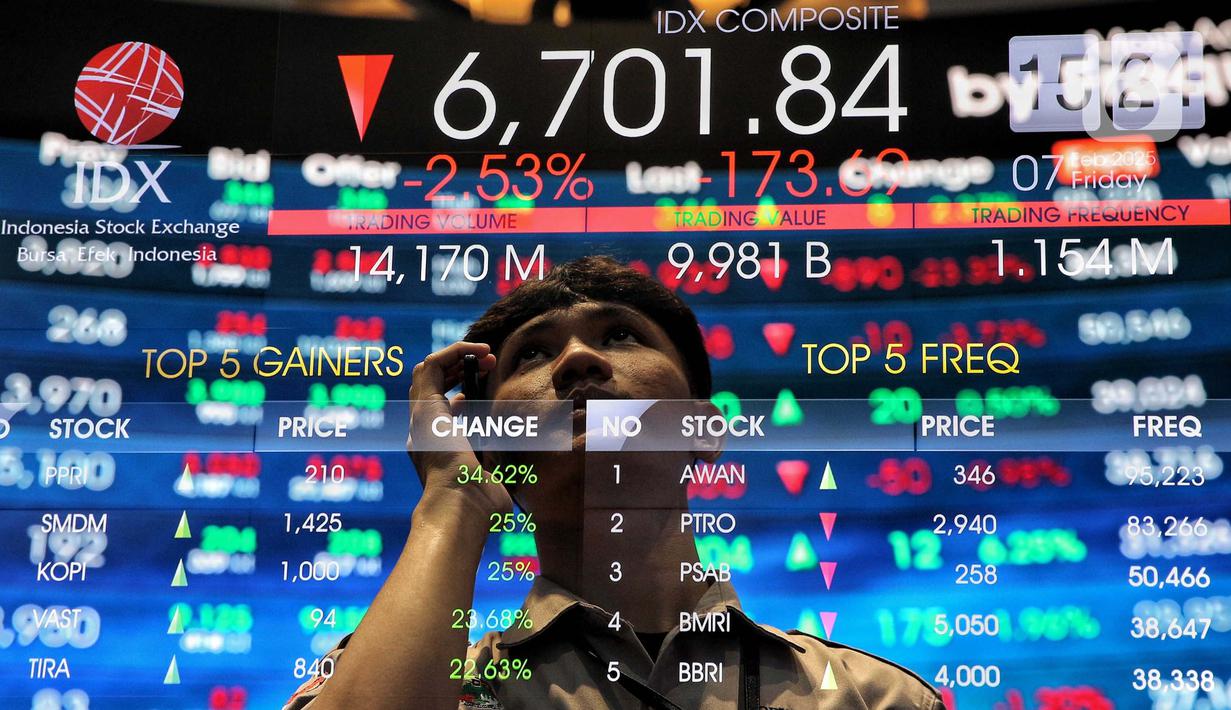 Pekerja menatap layar monitor yang menampilkan Indeks Harga Saham Gabungan (IHSG) di Bursa Efek Indonesia, Jakarta, Jumat (7/2/2025). (Liputan6.com/Angga Yuniar)
