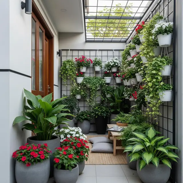 Desain Teras Rumah Sederhana dengan Tanaman Pot Besar (AI)