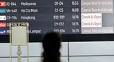 Seorang penumpang melihat papan elektronik yang menampilkan pembatalan penerbangan setelah gunung berapi Lewotobi Laki-Laki meletus di Bandara Internasional Ngurah Rai di Tuban dekat Denpasar, Bali, pada 18 Juni 2025. (SONNY TUMBELAKA/AFP)