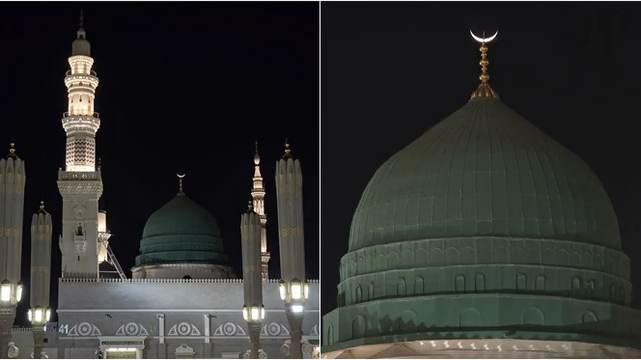 Potret Keindahan Bulan Sabit Sejajar dengan Kubah Hijau Masjid Nabawi, Bikin Takjub