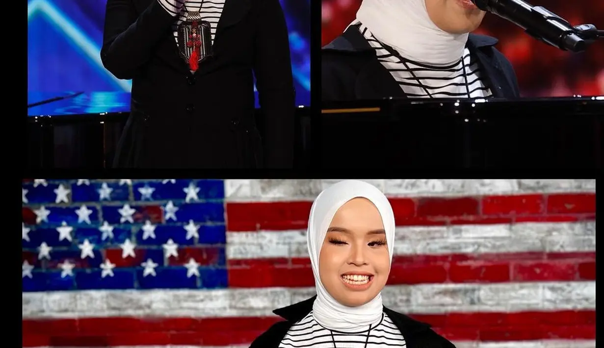 Perempuan 17 tahun itu mengenakan kaus bergaris dengan jaket hitam dan hijab warna putih saat meraih golden buzzer dari para juri. [@arianinismaputri]