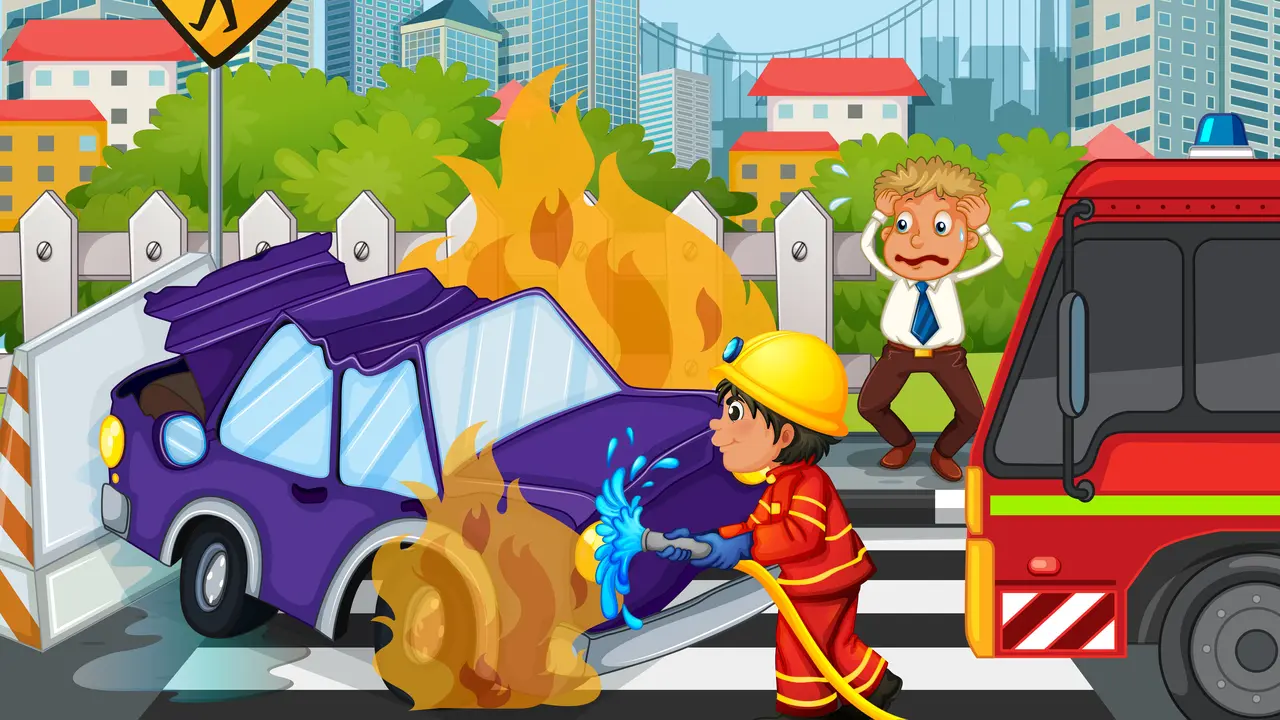 Ilustrasi mobil terbakar, pemadam kebakaran