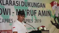 Ketua Tim Cakra19, Andi Widjajanto memberi sambutan pada Deklarasi Dukungan Jokowi-Ma’ruf Amin sebagai Capres dan Cawapres 2019 di Jakarta, Minggu (12/8). Kata Cakra diambil dari bahasa Sansekerta. (Liputan6.com/Fery Pradolo)