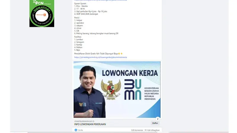 Tangakapan layar klaim penerimaan pegawai baru BUMN grup