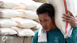 Pekerja memikul beras di Pasar Induk Beras Cipinang, Jakarta, Selasa (11/10). Menko Perekonomian Darmin Nasution memprediksi persediaan beras hingga akhir tahun akan mencukupi menyusul musim hujan di beberapa daerah. (Liputan6.com/Immanuel Antonius)