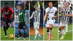 Foto kolase dari pemain top Serie A Liga Italia (ki-ka), Tiemoue Bakayoko, Domenico Berardi, Dusan Vlahovic, Joaquin Correa, dan Federico Chiesa saat memakai nomor punggung lama mereka. (Foto-foto: AFP)