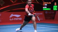 Tunggal putri Indonesia, Gregoria Mariska Tunjung, tampil pada fase grup BWF World Tour Finals 2022 melawan wakil China, Chen Yu Fei, di Nimibutr Arena, Bangkok, Rabu (7/12/2022). (PBSI)