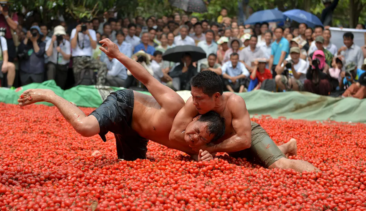 Petarung bergulat diatas tumpukan tomat selama mengikuti festival lokal budaya dan pariwisata di Tianyang , Guangxi Zhuang Autonomous Region , Cina , 14 April 2016. (REUTERS / Stringer)