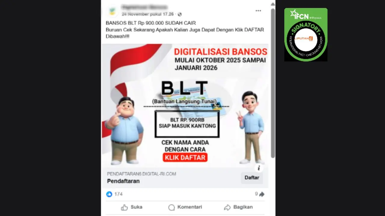 Tangkapan layar klaim link untuk mengecek bansos BLT Rp 900.000 yang beredar di Facebook.