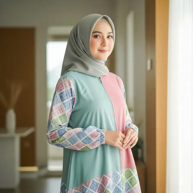 Gamis Batik Tumpal Kombinasi Polos