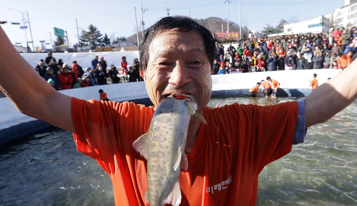 Seorang peserta berpose dengan ikan dengan saat acara Festival Es di sungai Hwacheon yang membeku di Korea Selatan, Sabtu (14/1). (AP Photo/Ahn Young-joon)