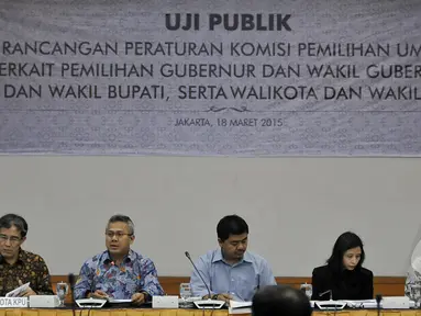 Komisi Pemilihan Umum (KPU) menggelar uji publik tentang peraturan KPU di gedung KPU, Jakarta, Rabu, (18/3/2015). (Liputan6.com/Johan Tallo)