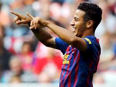 Ekspresi bintang muda Barcelona Thiago Alcantara ketika menghadapi Internacional di ajang Audi Cup di Munich, Jerman, 26 Juli 2011. AFP PHOTO/CHRISTOF STACHE