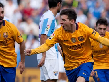 Ekspresi Lionel Messi setelah mencetak gol kedua Barcelona ke gawang Malaga dalam lanjutan La Liga Spanyol di Stadion La Rosaleda, Malaga, Sabtu (23/1/2016). (AFP/Jorge Guerrero)