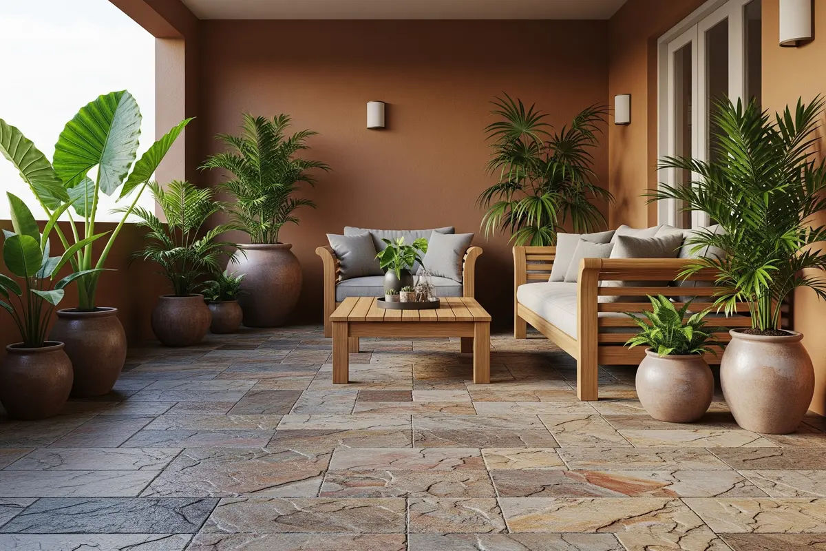 Lantai Batu Alam (Travertine atau Andesit) + Cat Cokelat