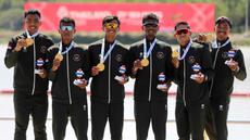 Tim dayung Indonesia sukses menyabet dua medali emas di SEA Games 2025 Thailand usai bertanding di The Royal Thai Navy Rowing and Canoeing Training Center, Rayong, pada Selasa (15/12/2025). (Foto: NOC Indonesia/Didik Setiawan)