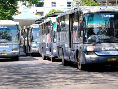 Sejumlah bus Transjakarta koridor 6 jurusan halte Ragunan dan Dukuh Atas 2 terparkir di terminal Ragunan, Jakarta, Selasa, (30/6/2015). Bus yang melayani koridor tersebut terlihat banyak yang sudah tak layak jalan. (Liputan6.com/Yoppy Renato)