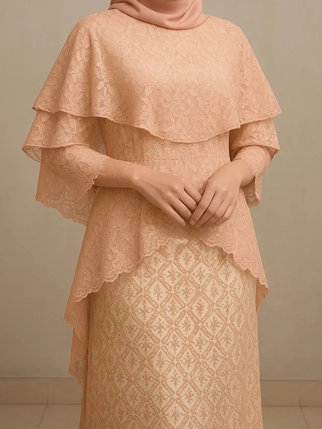 10 Model Long Dress Batik Kombinasi Brokat Lengan Cape Layer Tiga Lapis, Simpel dan Elegan untuk Acara Resmi