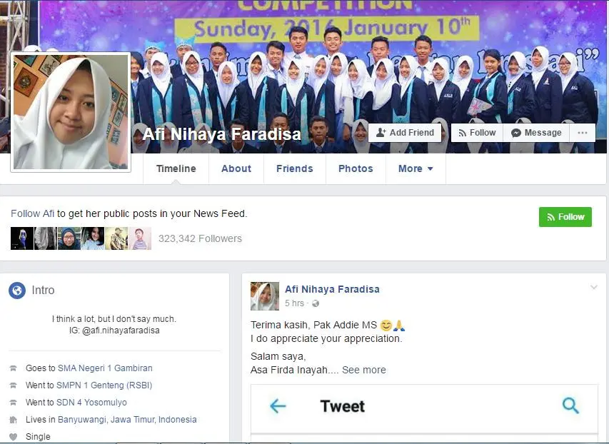 Afi Nihaya si remaja kritis kembali memposting sebuah tulisan yang mengundang banyak komentar. (Foto: Facebook)