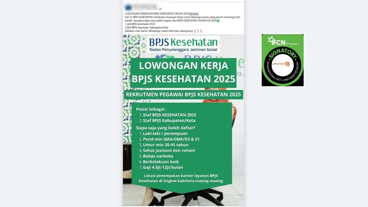Tangkapan layar klaim tautan info lowongan pekerjaan BPJS Kesehatan 2025 yang beredar di Facebook.