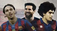 Bintang-bintang Barcelona: Zlatan Ibrahimovic, Lionel Messi dan Diego Maradona. (Bola.com/Dody Iryawan)