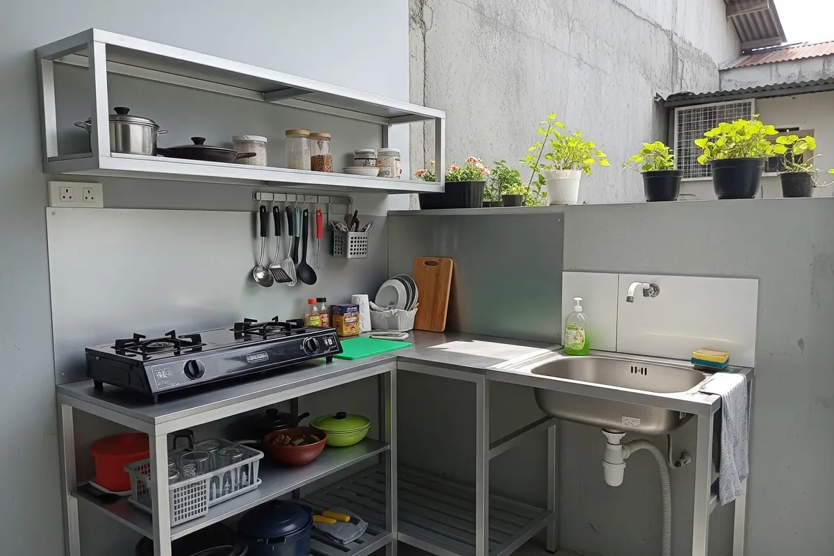 9 Desain Dapur Kecil Baja Ringan di Sudut Belakang Rumah, Fungsional dan Estetis