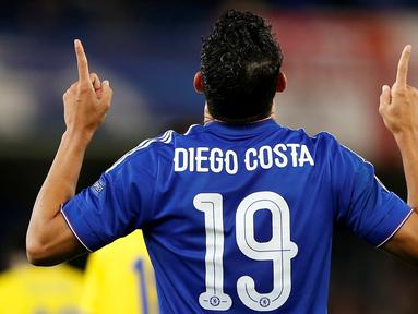 Ekspresi Diego Costa setelah mencetak gol ketiga Chelsea ke gawang Maccabi Tel-Aviv pada laga grup Liga Champions, di Stamford Bridge, London, Kamis (17/9/2015) dini hari WIB. (Action Images via Reuters/John Sibley)
