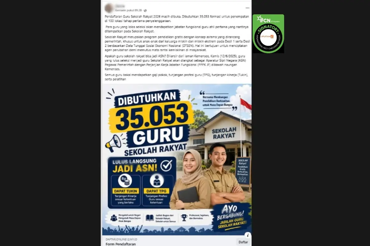 Cek Fakta Liputan6.com mendapati klaim link pendaftaran guru Sekolah Rakyat 2026.