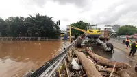 Penampakan sampah kayu gelondongan di sunga Ciliwung yang diangkut oleh petugas Dinas Lingkungan Hidup DKI Jakarta. (Lliputan6.com/Yopi Makdori)