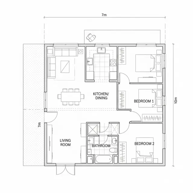 Inspirasi Denah Rumah Ukuran 7x10 Kamar 2 Sederhana. Foto: Gemini