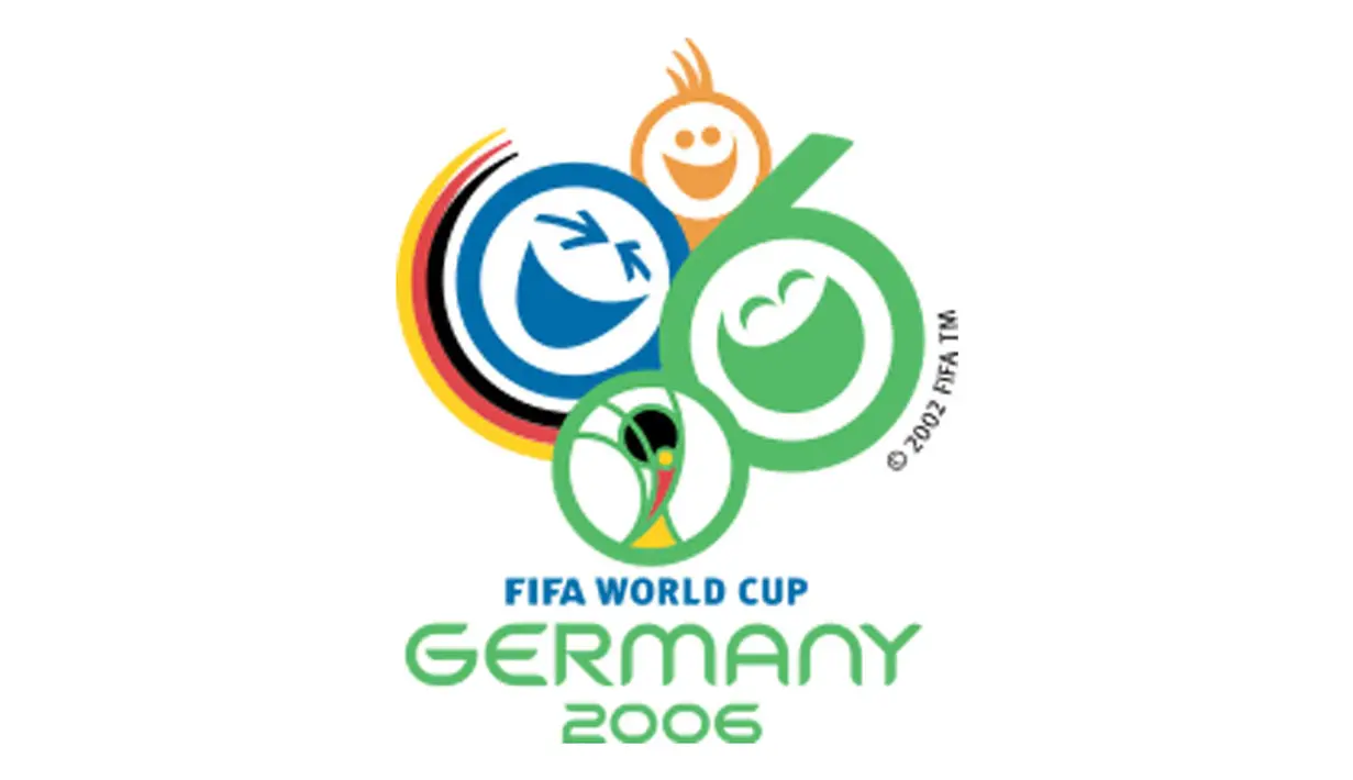 Logo Piala Dunia 2006 di Jerman. Kartun wajah yang sedang tertawa merupakan simbol dari angka 06 yang berarti 2006. Hitam, merah dan kuning mewakili bendera Jerman (Istimewa)