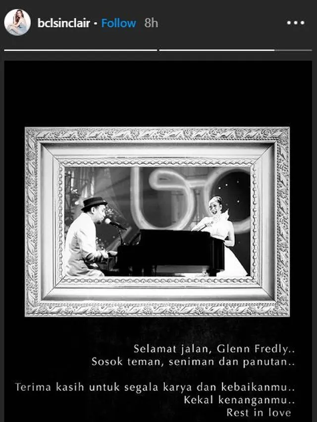 Ucapan duka Bunga Citra Lestari atau BCL atas kepergian Glenn Fredly. (Instagram/ bclsinclair)