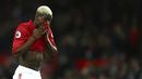 Ekspresi pemain Manchester United, Paul Pogba usai timnya ditahan Hull City lpada lanjutan Premier League pekan ke-23 di Old Trafford, Manchester, selasa (01/02/2017). MU bermain imbang 0-0. (AP/Dave Thompson)