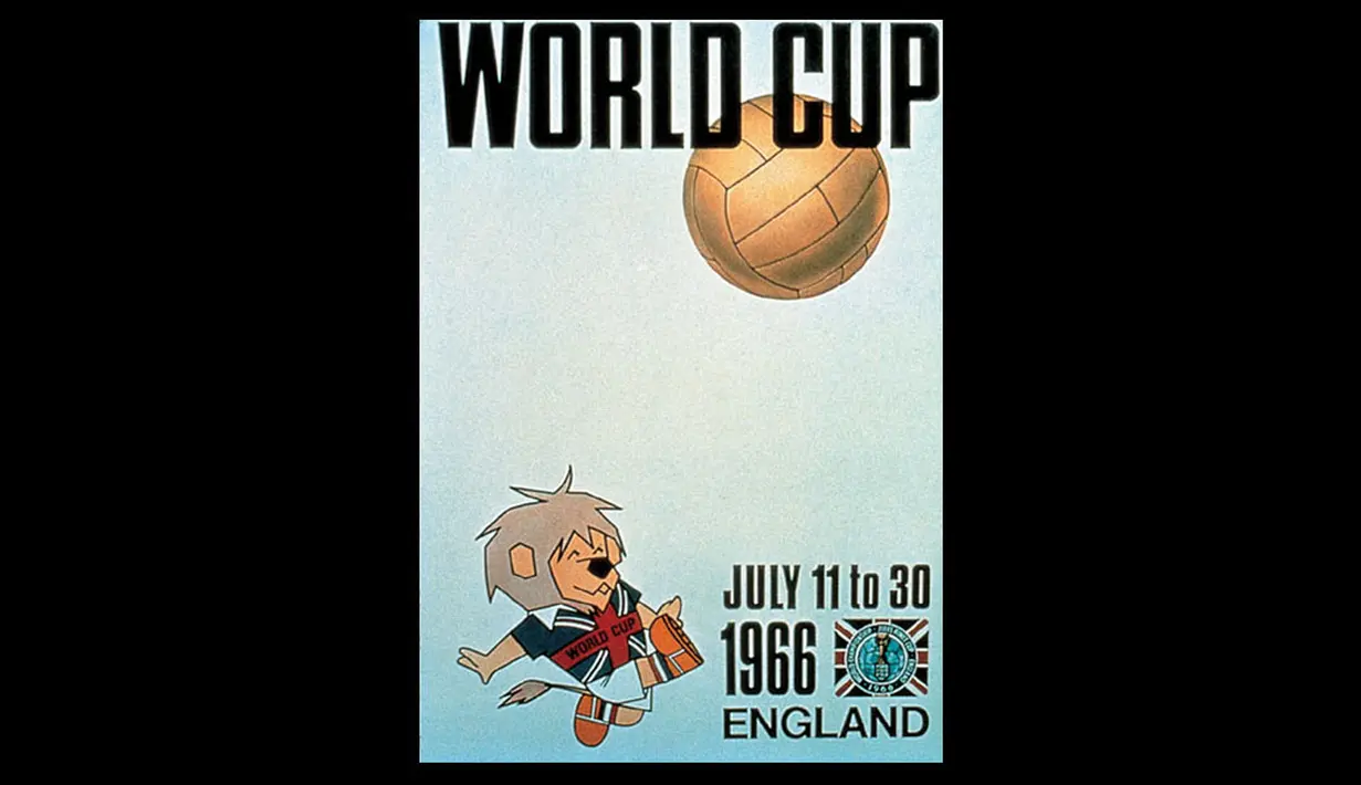 Poster Piala Dunia ke-8 tahun 1966 yang diselenggarakan di Inggris. Maskot pertama Willie, seekor singa menendang bola. Tuan rumah  keluar sebagai juara (Istimewa).