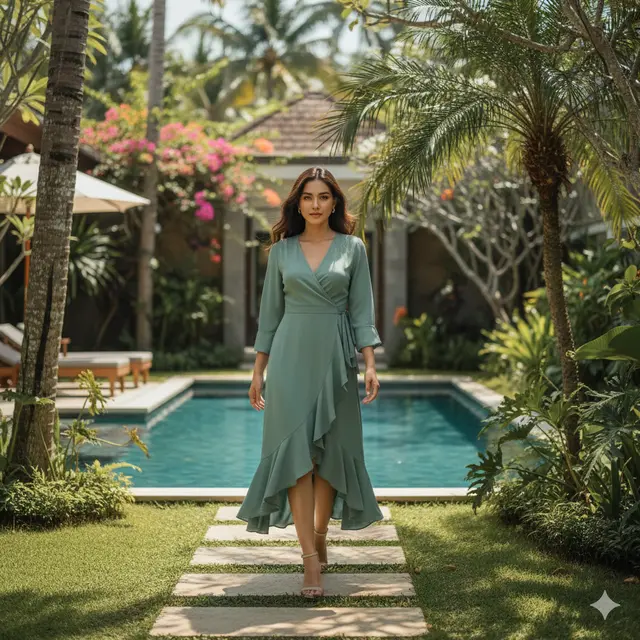 Long Dress Bahan Crepe dengan Potongan Wrap