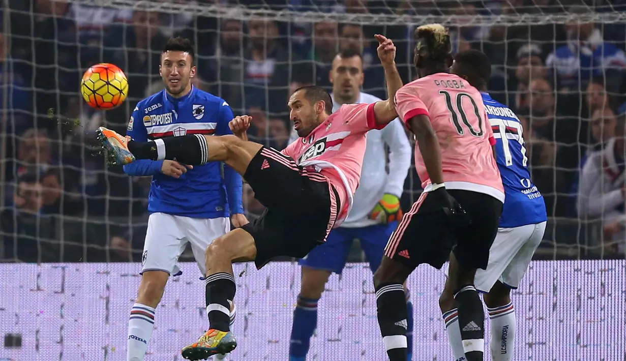 Pemain Juventus, Giorgio Chiellini (tengah) melakukan tendangan salto saat timnya melawan Sampdoria pada lanjutan Liga Italia Serie A di Stadion Marassi, Genoa, Senin (11/1/2016) dini hari WIB. (AFP Photo/MAarco Bertorello)