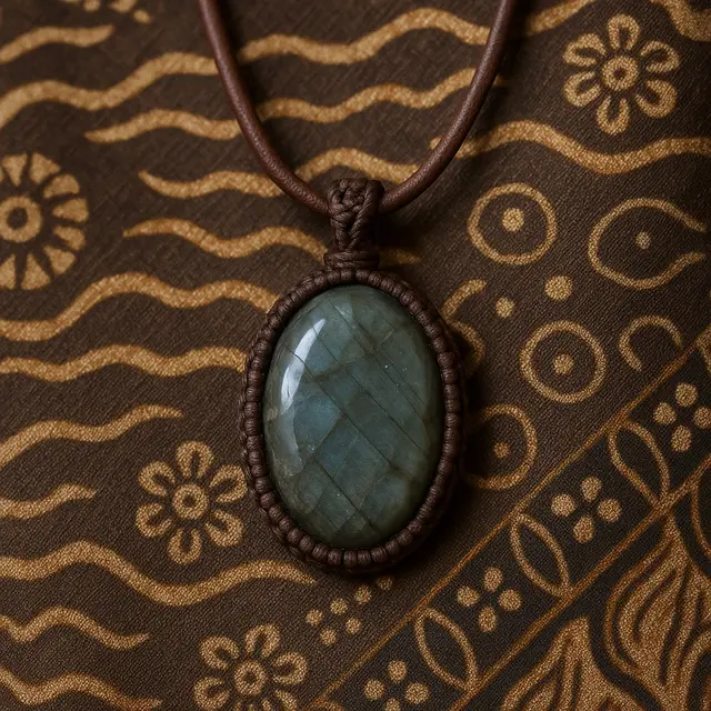 2. Kalung Tali Kulit dengan Ornamen Batu Alam