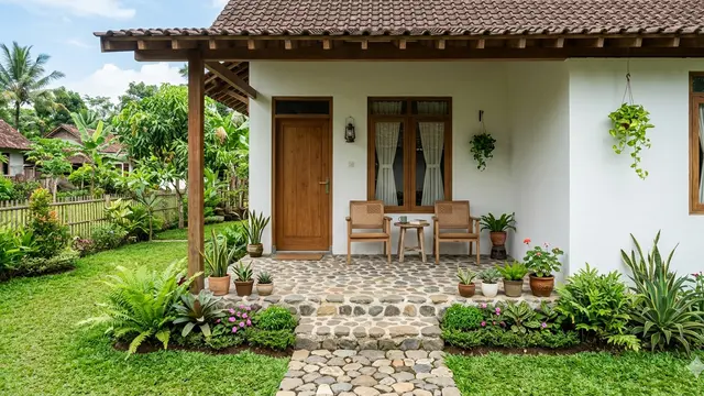 Inspirasi Teras Rumah Desa dengan Batu Alam yang Awet Bertahun-tahun. Gemini